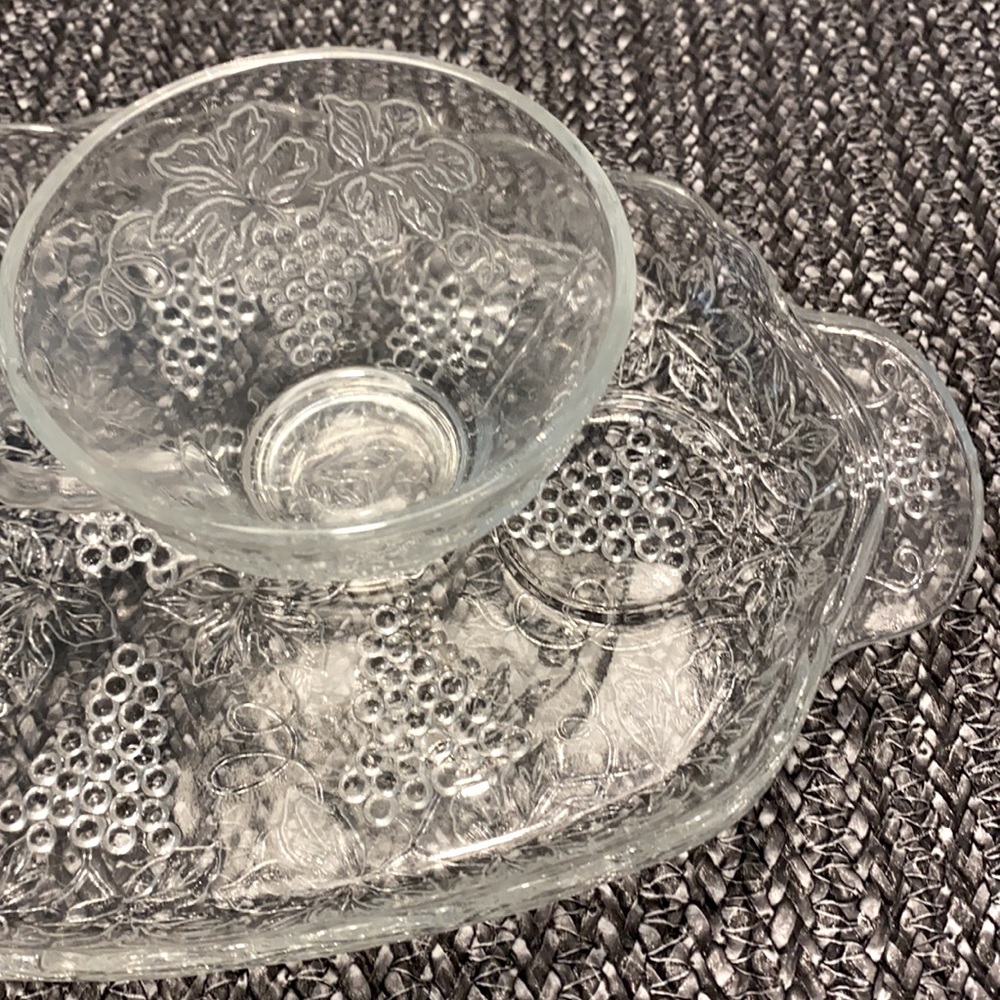 Vintage Clear Glass Platter & Cup Grape inlaid pattern (4 available for sale)
